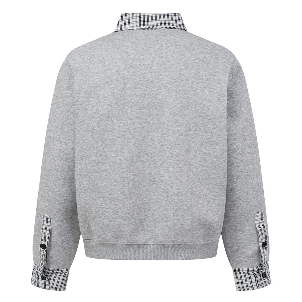 MWJLPWQ Fake Two-Piece Patchwork Plaid Collared Sweatshirt For Men American Trendy Spring Autumn Design Pullover Tops 21004