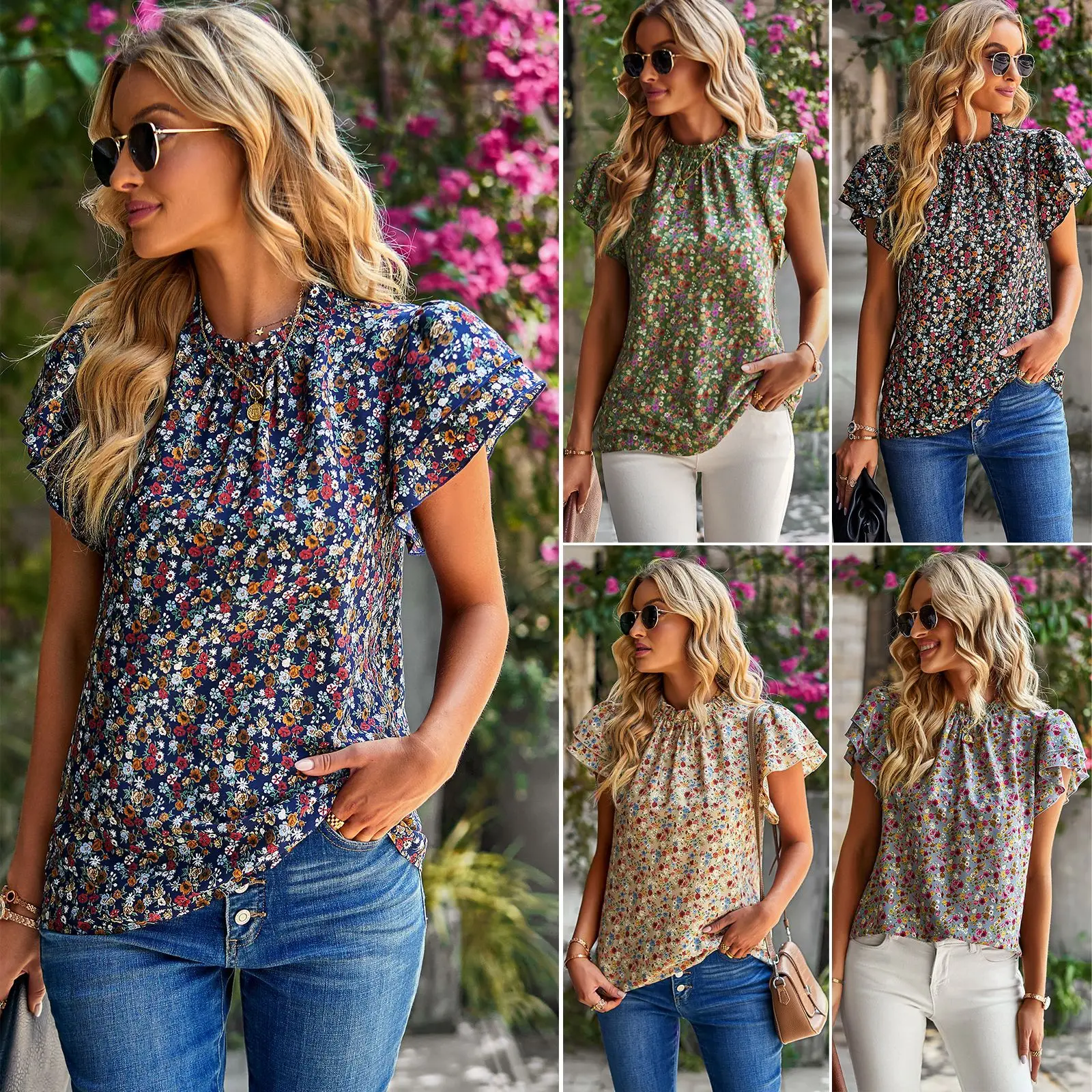 

foreign trade women's clothing spring and summer loose casual top Amazon hot sale floral crew neck shirt women