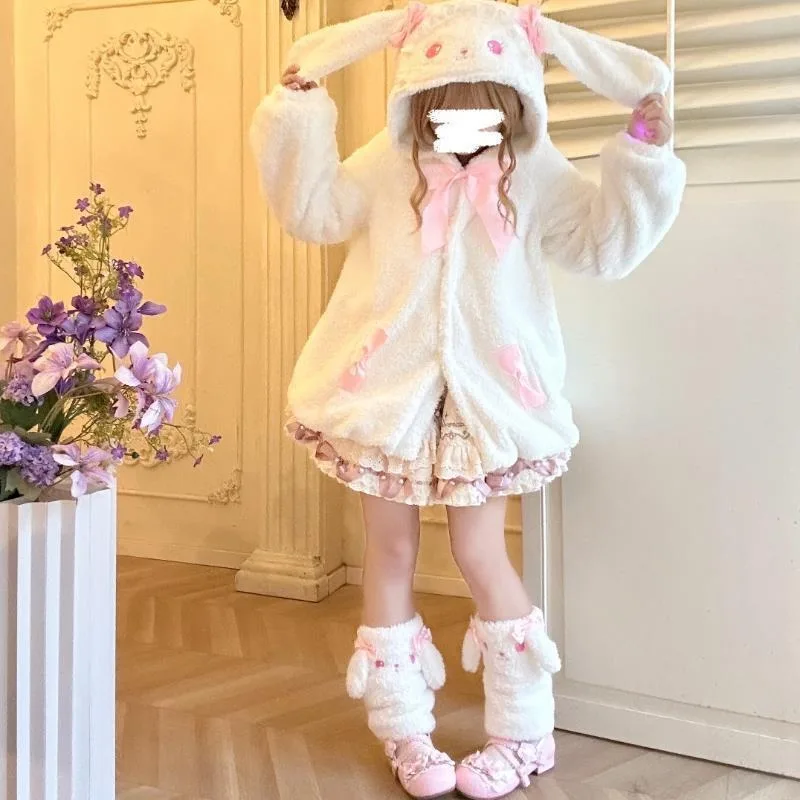 

Cute Plush Lolita Coat Japanese Sweet Plush Kawaii Cartoon Embroidery Bow Hooded Coat for Women Girls Autumn/winter Tea Party