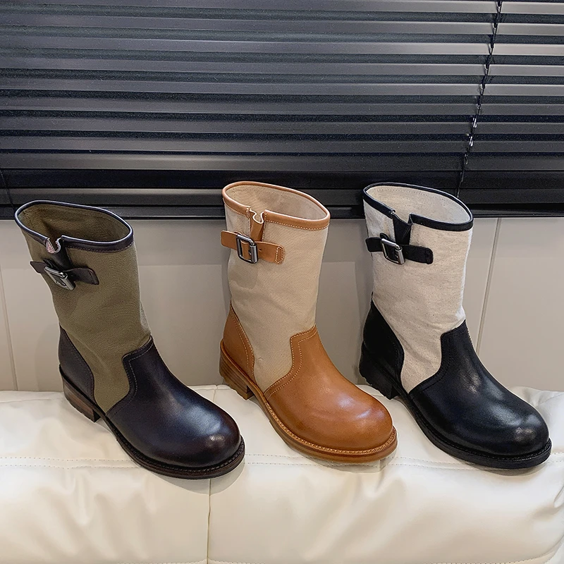 Vintage Paneled Western Stack Boots 2026 Summer New Block Heel Platform Single Shoes