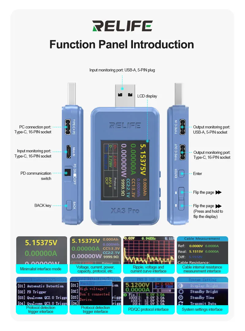 RELIFE XA3 Pro USB Smart Tester Support PD QC2.0 QC3.0 SCP AP2.4A DCP Fast Charging Identification Current Voltage Detection