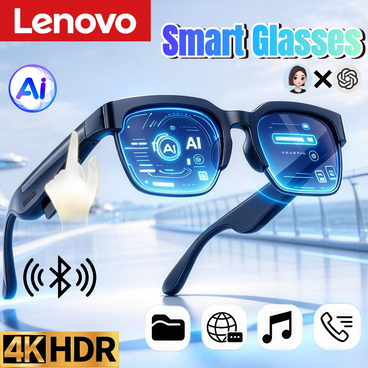 Lenovo 4K HD AI Smart Glasses Hands-Free Calling AI Translation AI Chat Logging Music Playback Men Women Smart Sunglasses