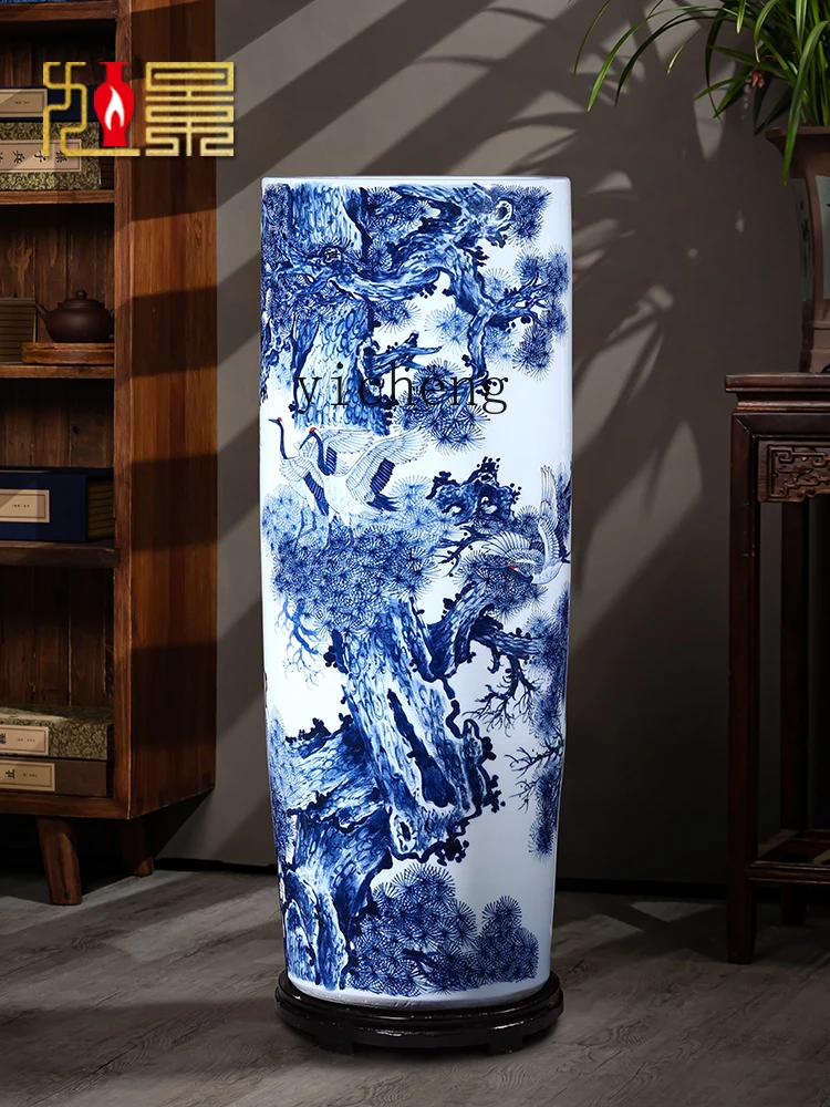 Tqh Porcelain Hand Painted Blue and White Porcelain Floor Large Vase Flower Arrangement Quiver Living Room Decoration