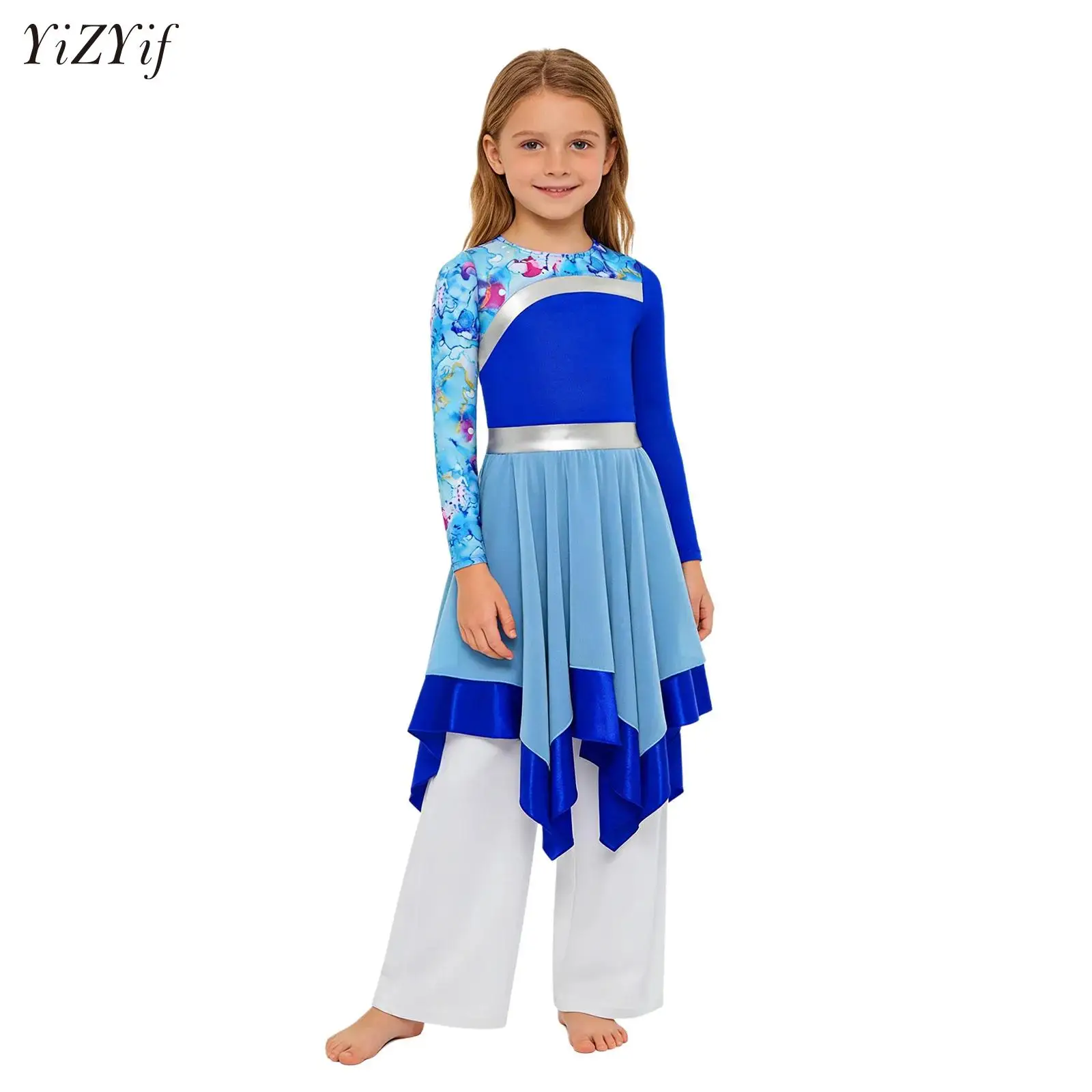モダンなリリカルダンスドレス-パンツ付き-教会聖歌隊典礼礼拝賛美ダンススーツ-子供用-女の子用コスチューム-長袖ガウン