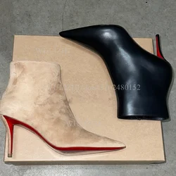 Light apricot simple velvet red design short boots women black matte side zipper pointed sexy daily heels spring girl party shoe