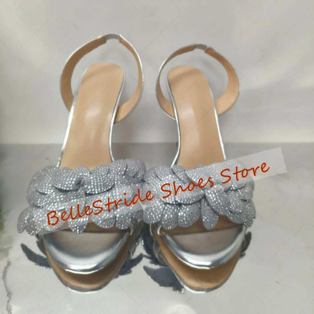 

Silver Crystal Flowers Decor Sandals Open Toe Women Shoes Stilettos High Heels Party Banquet Dating 2025 Zapatos Para Mujere