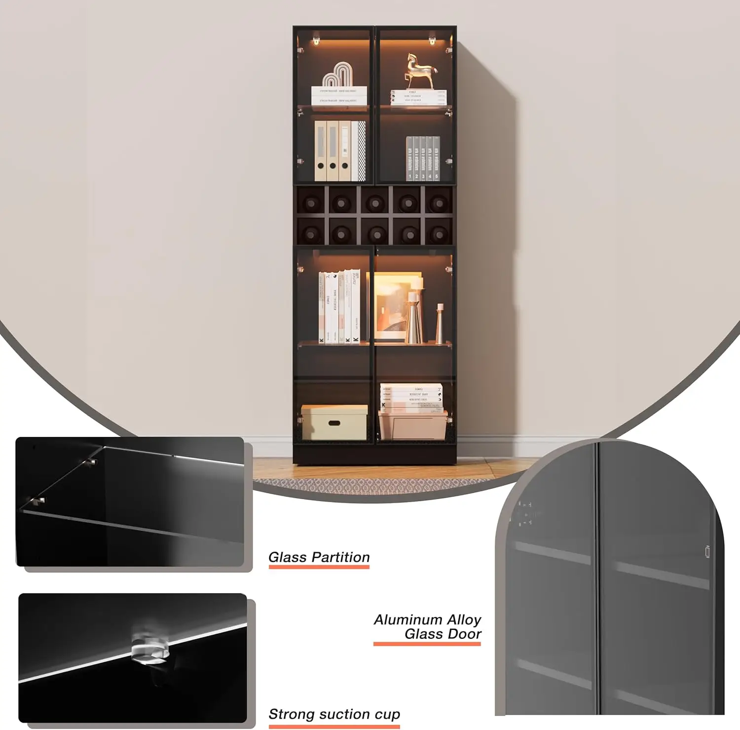 Anbuy Display Cabinet With Light And Aluminum Alloy Door Frame And Glass Door, 6-Tier Storage Shelves With 2 Glass Partitions,