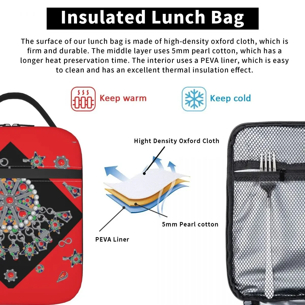 Kabyle Jewelry Resuable Lunch Box for Women Leakproof Amazigh Carpet Morocco Cooler Thermal Food Insulated Lunch Bag School