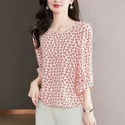 Summer New European and American Loose Square Printed Chiffon Shirt with Round Neck and Three-quarter Sleeve Commuter Korean