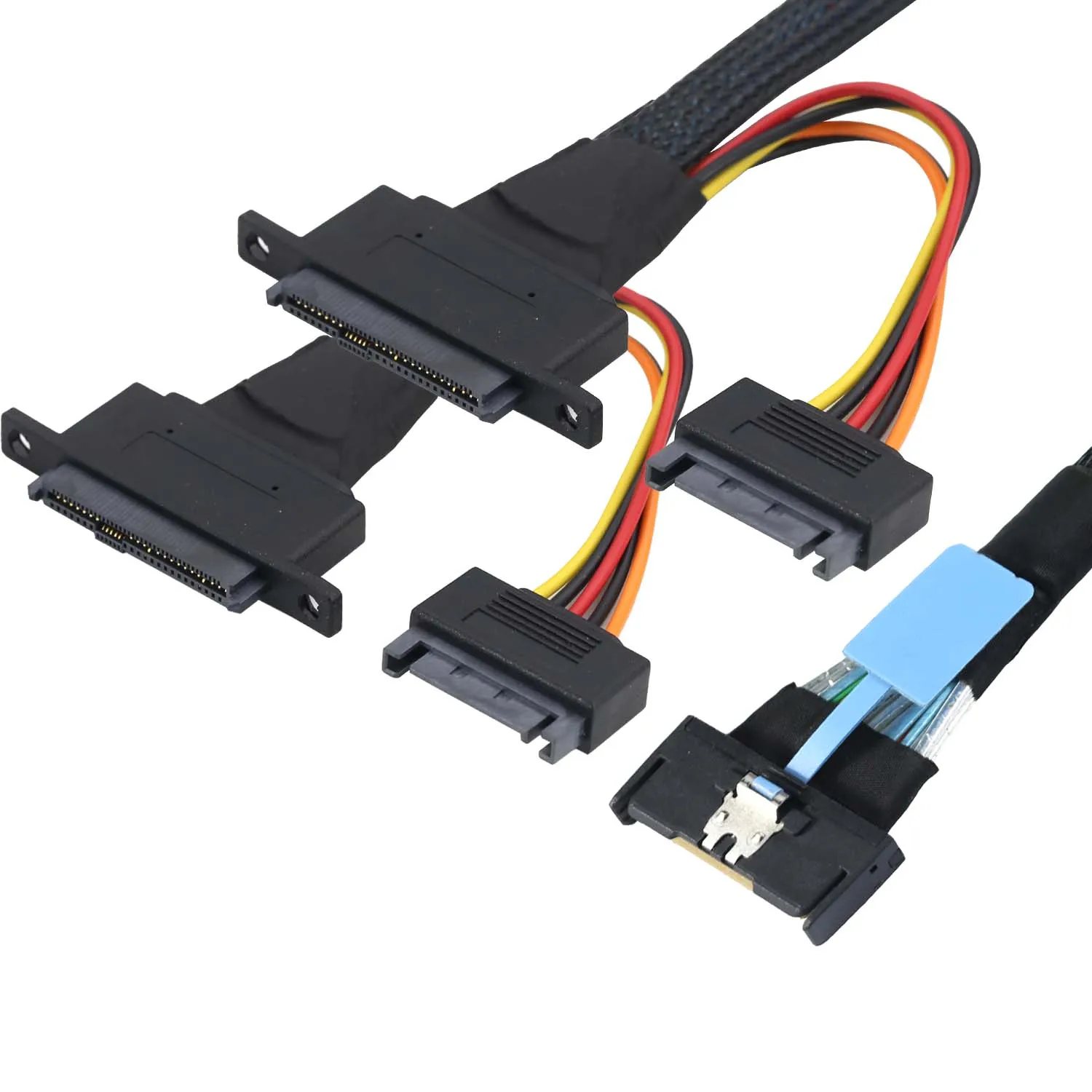 PCIe 5.0 MCIO 8i 74Pin to Dual SFF-8639 U.2 NVMe Adapter Cable for Server Workstation, with 15-Pin Power & Mounting Screw Holes