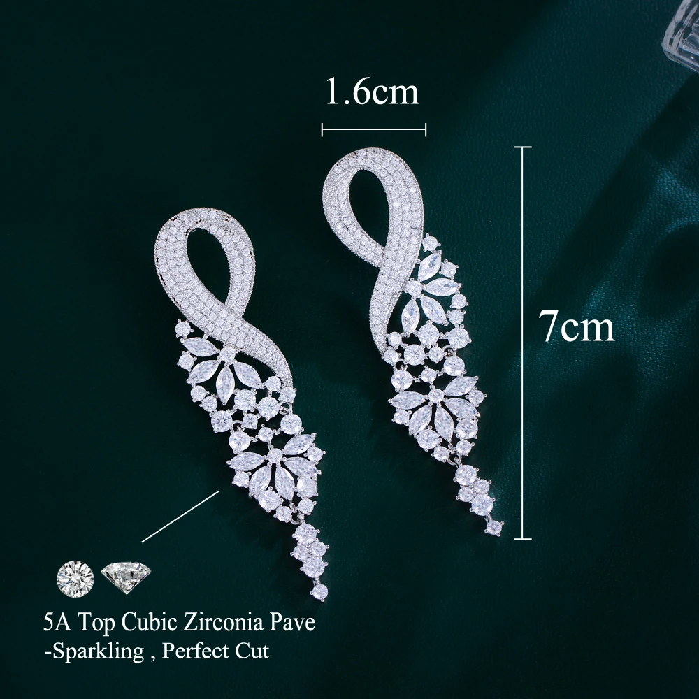 CWWZircons Chunky Shiny White Cubic Zirconia Setting Long Drop Dangling Wedding Engagement Bridal Party Earrings for Women CZ870