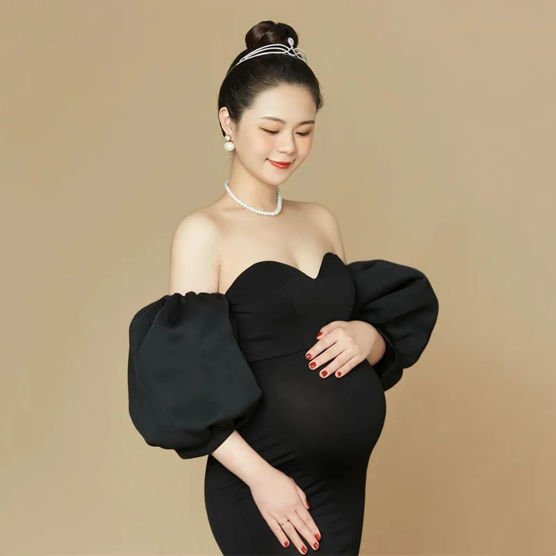 Black Puff Sleeves Maternity Photography Props Dresses Pregnant Woman Photo Shoot Outfit Long Dresses Baby Shower Party Dress