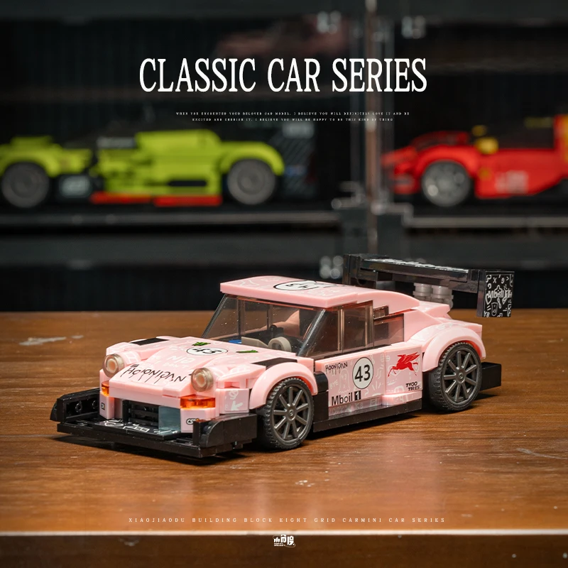 MOC Technischer Rosa Sportwagen Garagenszene Bausteine Stadt-Rennfahrzeug Montage-Bausteine Spielzeug für Kinder und Erwachsene Geschenke