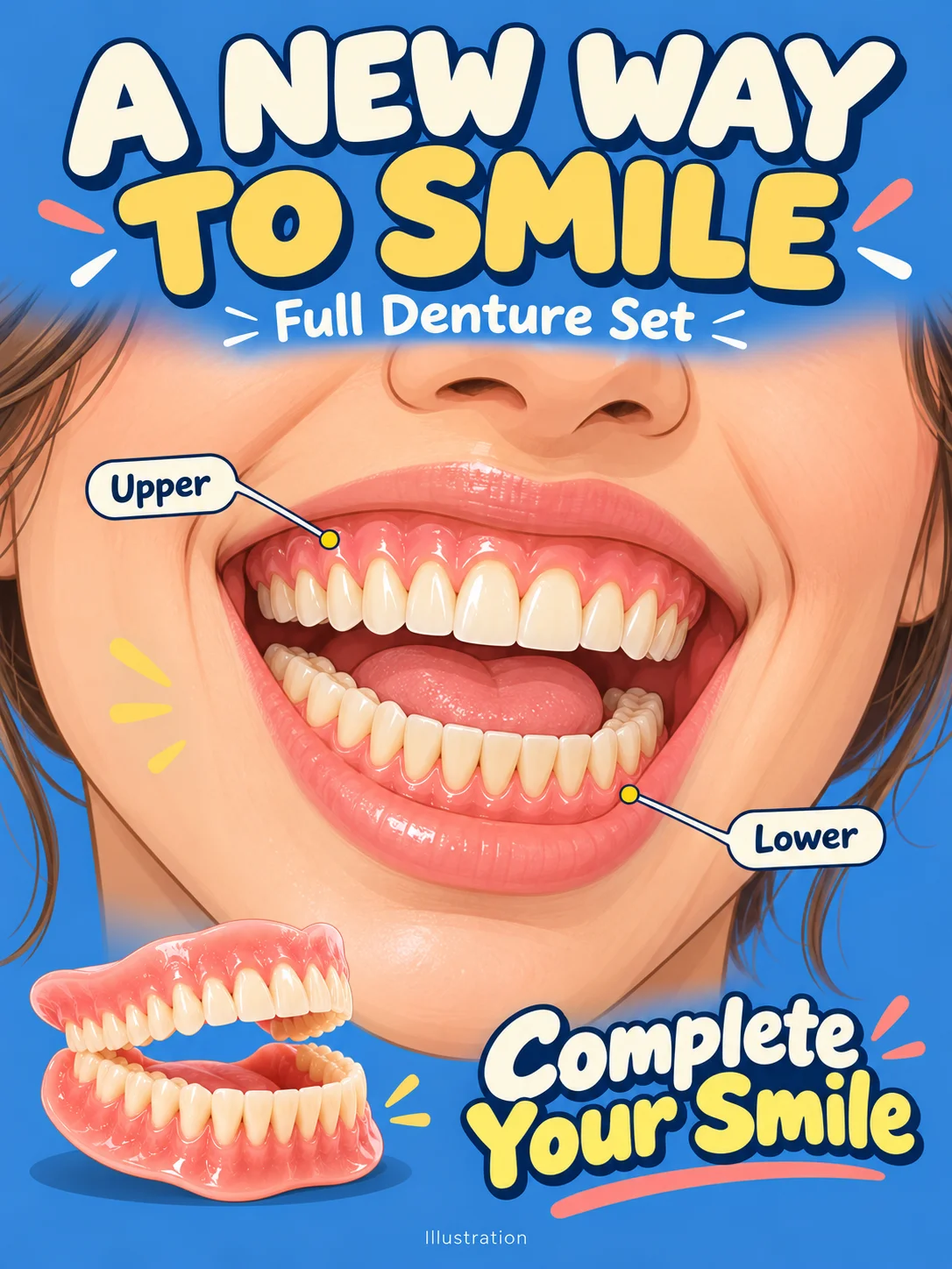 Complete Denture Set, Natural Looking Upper & Lower False Teeth for Men and Women, Removable Full Mouth Dentures