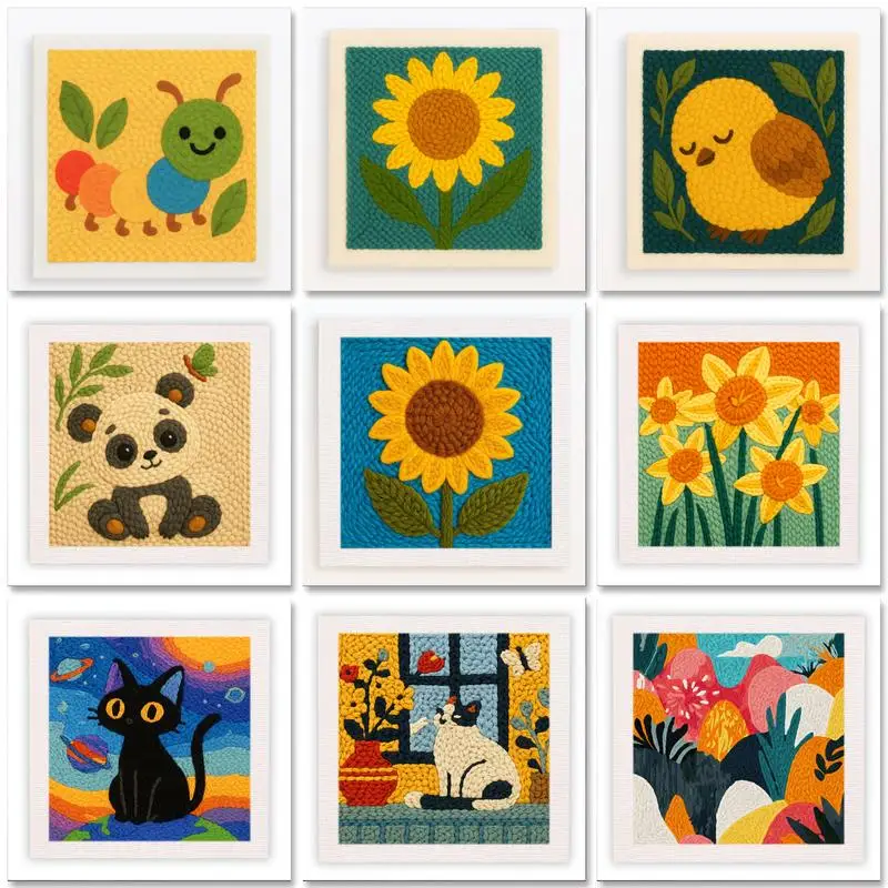 

SDOYUNO Diy Punch Needle Starter Kits For Beginner Adult Cat Panda Animal Flower Handicrafts Embroidery Set Funny Arts 25*25cm