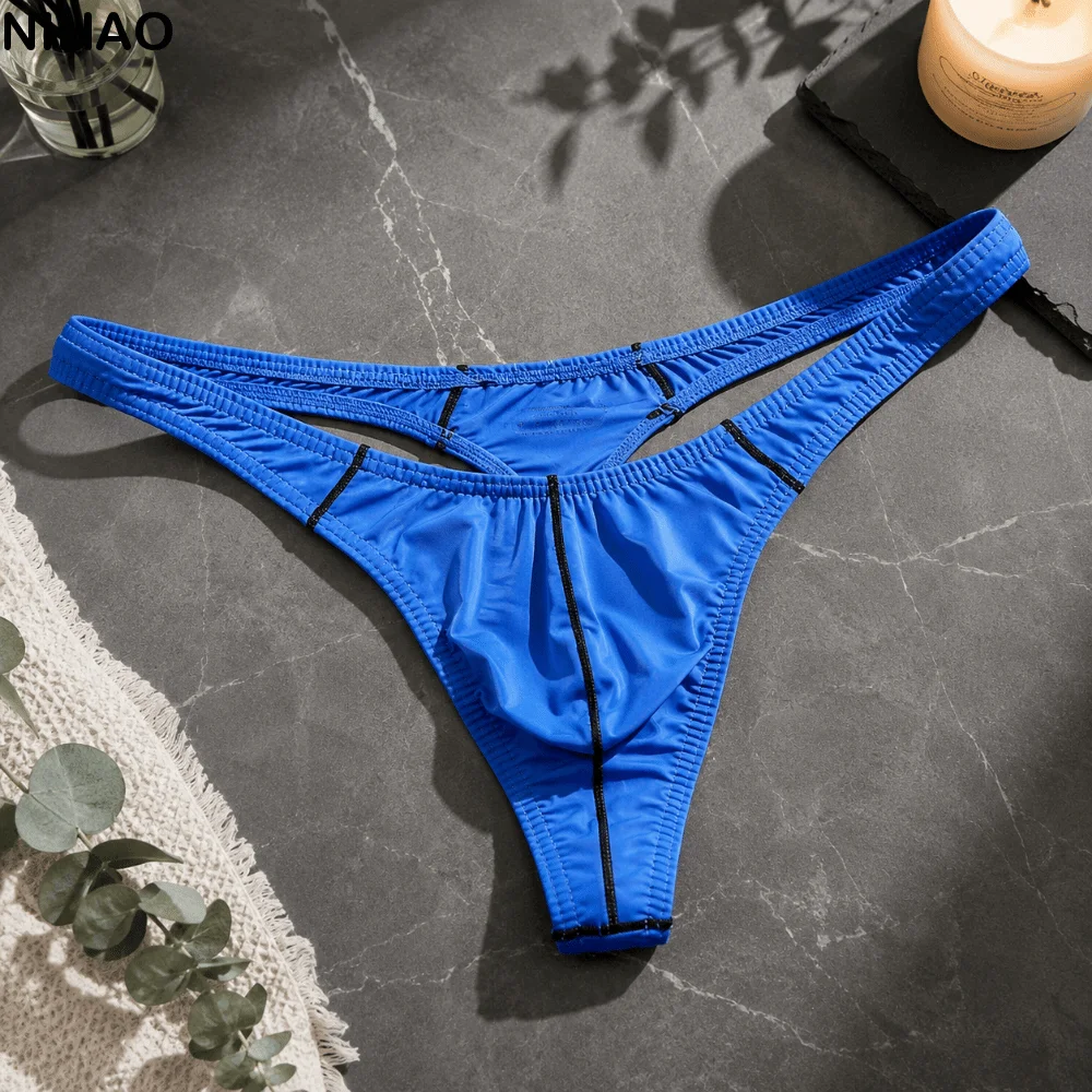 Breathable Low Waist Men Underwear Seamless Ultra Thin T-back Briefs U-shaped Pocke Stripe Men's Thong Sports Wear