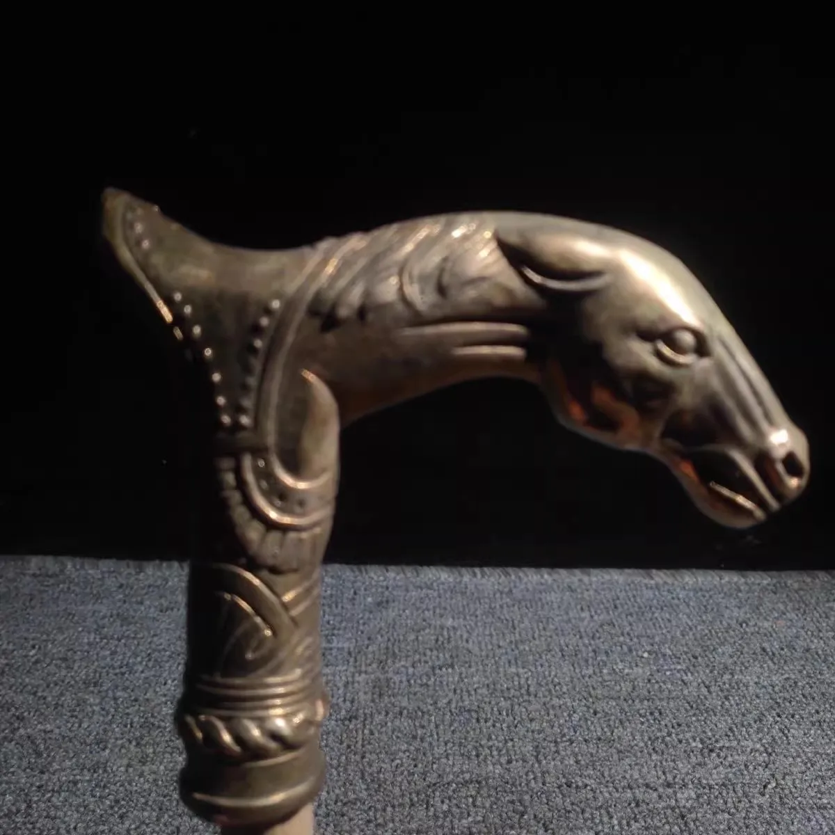 Chinese Zodiac Horse's Head Horse Brass Copper Hand Carved Cane Walking Stick Snake Head Handle Statue