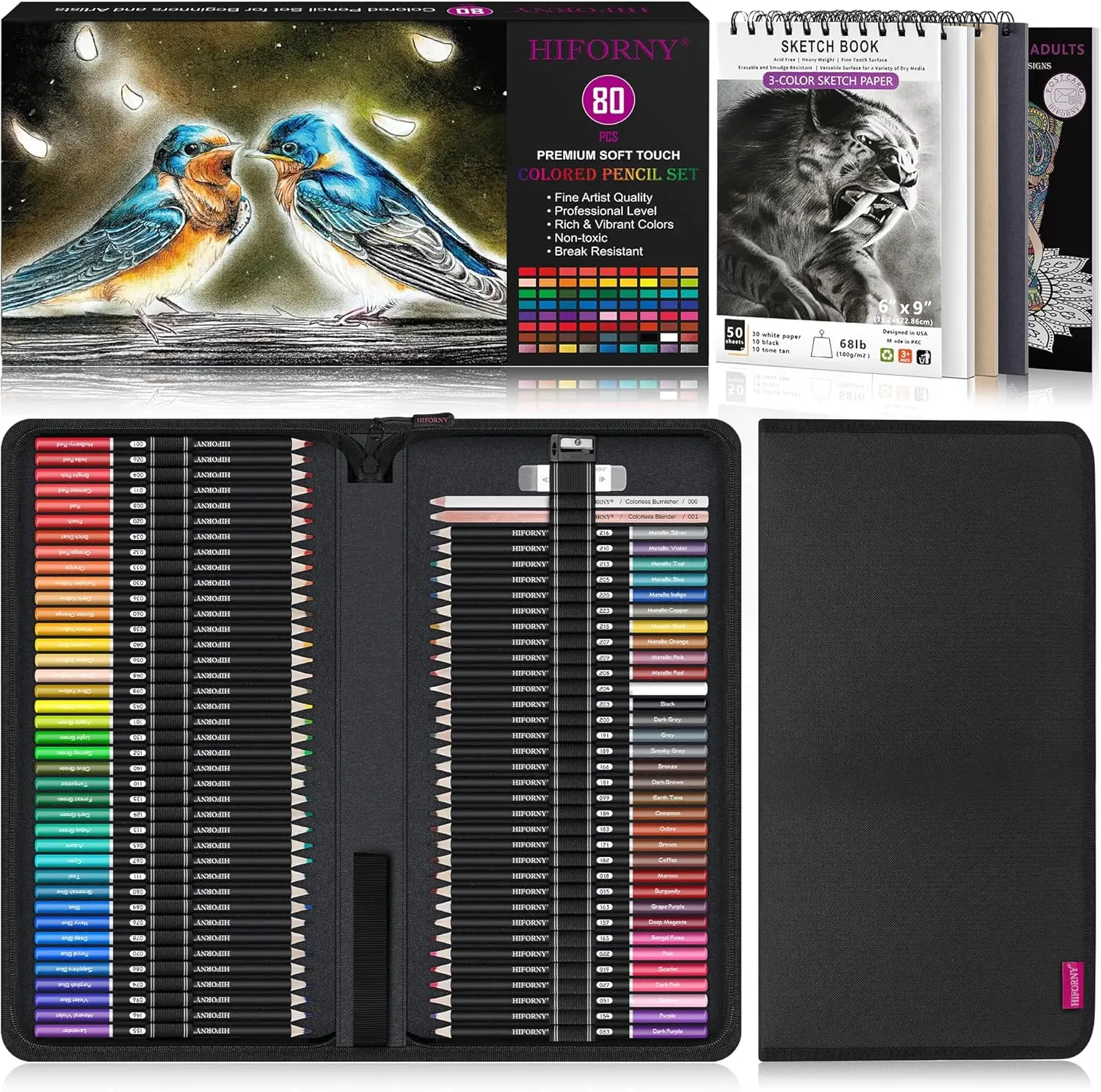 

Набор из 80 цветных карандашей для взрослых с альбомом для рисования, книжкой-раскраской, блендером, полировщиком и аксессуарами в подарочной коробке