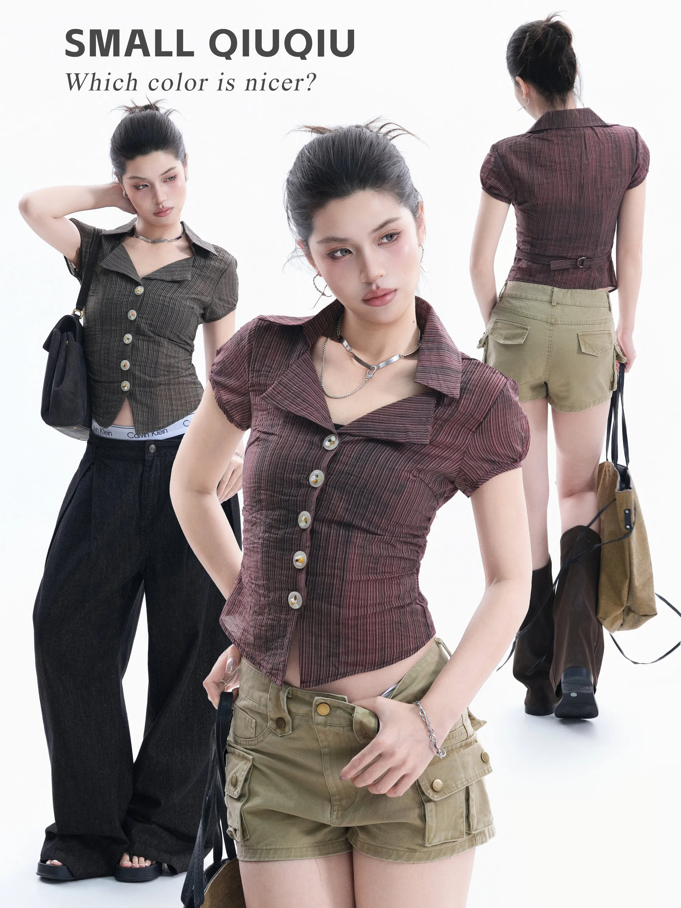 

Sweet Cool Spicy Short Sleeve Shirt Women's American Retro Waist Cinched V-neck Striped Pure Desire Style Top Small Ball Ball