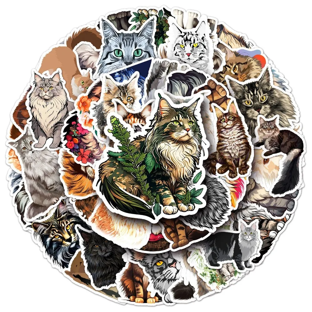 10/50pcs Cute Cat Maine Coon Stickers Notebook Stationary Scrapbook Laptop Phone Guitar Kawaii Animal Decal for Kids DIY Toy