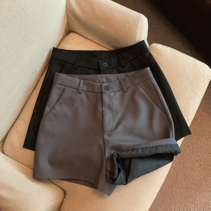 

Summer Black Office Suit Shorts Woman Casual Fashion High Waist Wide Leg Shorts Women Chic All Match Gray Outwear Short New