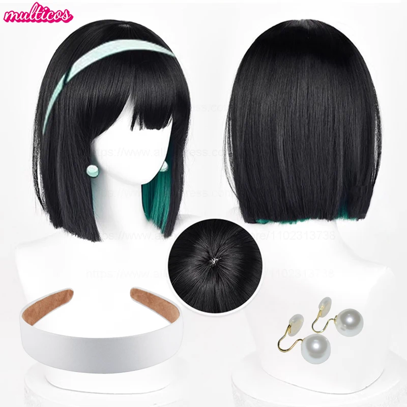

High Quality Anime Sua Cosplay Wig 30cm Black Green Mixed Bobo Heat Resistant Synthetic Hair Halloween Role Play Wigs + Wig Cap