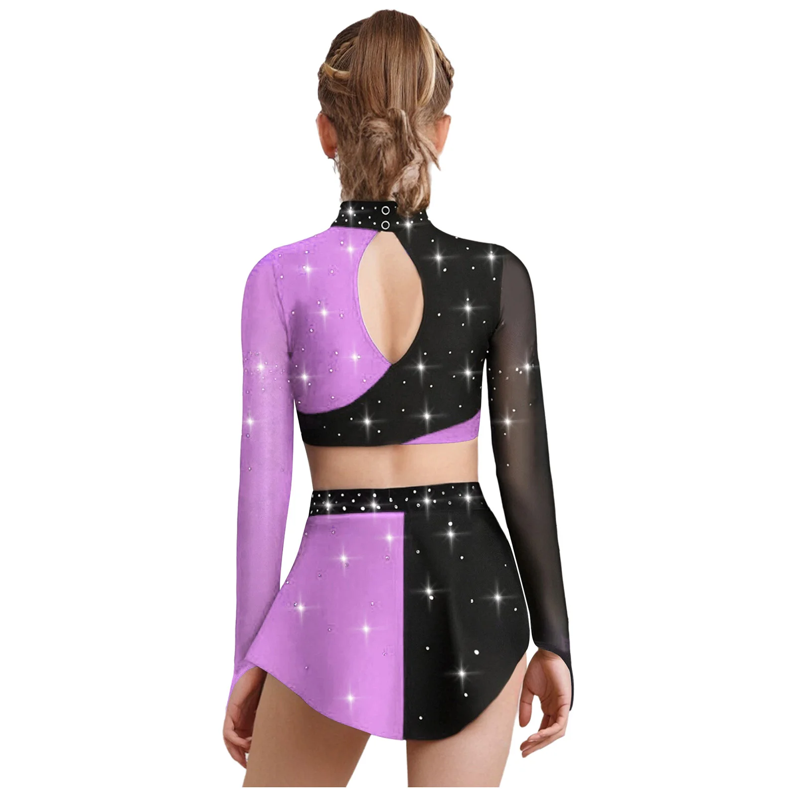 Justaucorps de gymnastique pour enfants filles, Costume de spectacle de danse lyrique, patinage artistique, strass brillants, haut court avec jupe