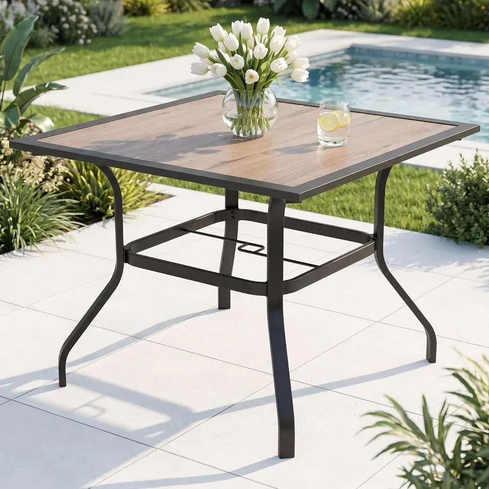 

37 Square Patio Bistro Table with Wooden-Like Top and Umbrella Hole, Gray