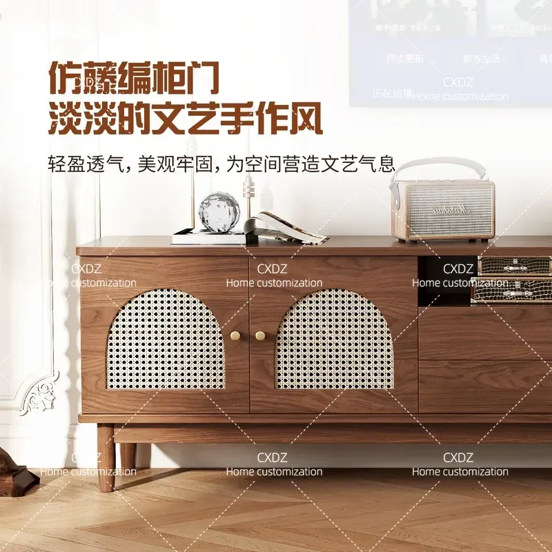 Retro Rattan TV Cabinet and Coffee Table 2026 New Medium Ancient Style Side Cabinet Small Apartment Household Floor Storage