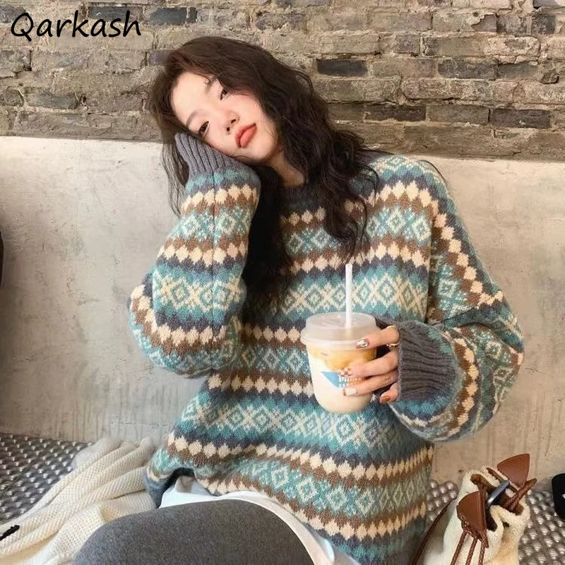 New O-neck Pullovers Women Warm Autumn Simple Argyle Retro Korean Casual Streetwear Sweater Sweet Knitting Loose Tops Stretchy