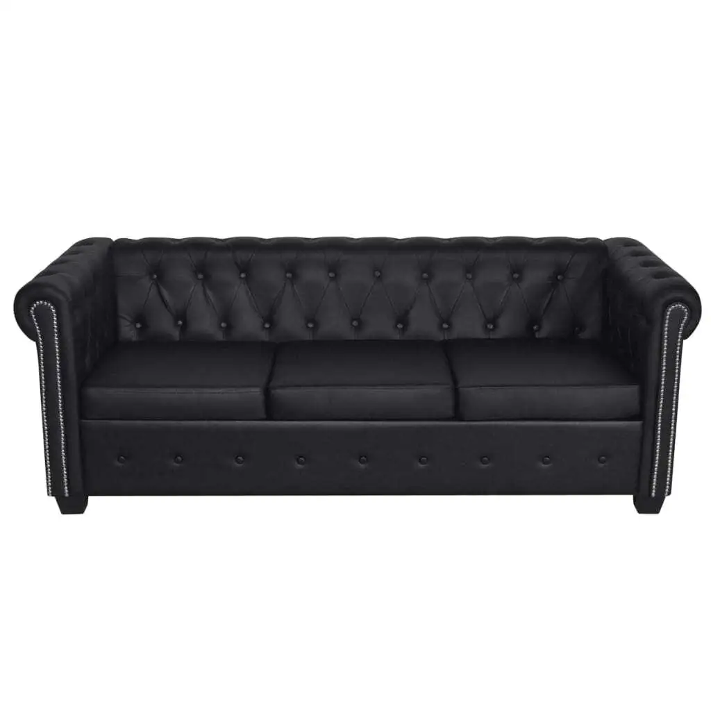 Luxury Black Chesterfield 3-Seater Sofa - Faux Leather Living Room Couch