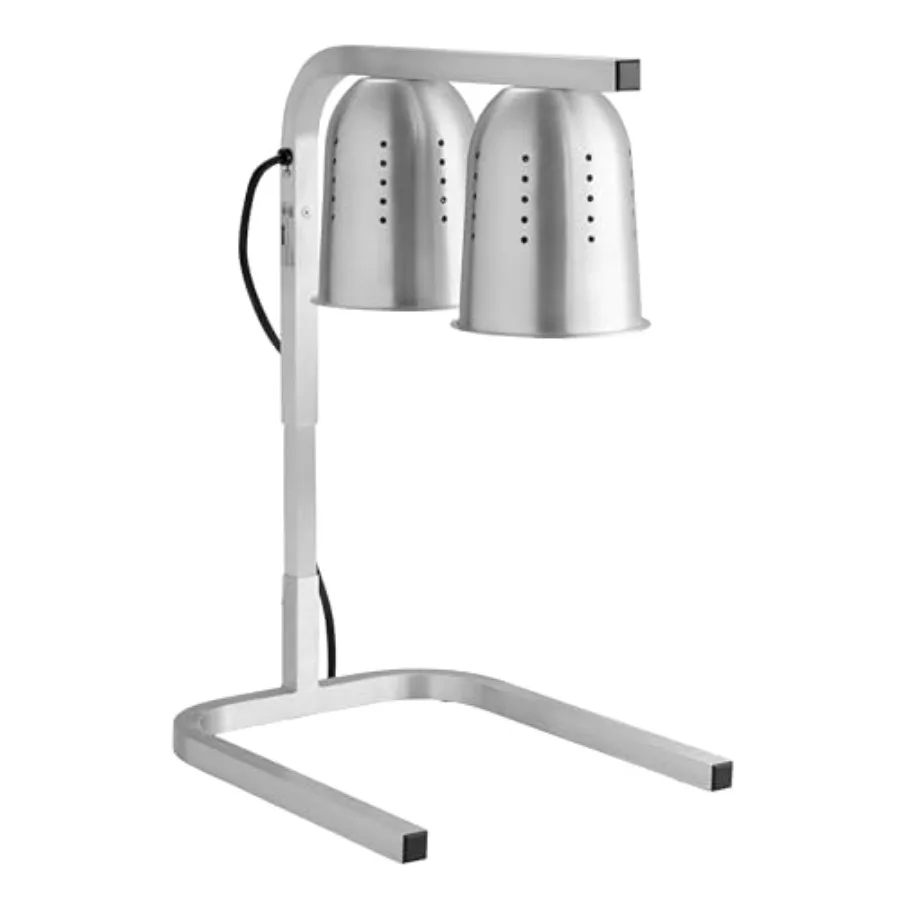 

Commercial countertop food heat lamp with silver stainless steel finish, adjustable height design, two 500W bulbs, ETL certifie