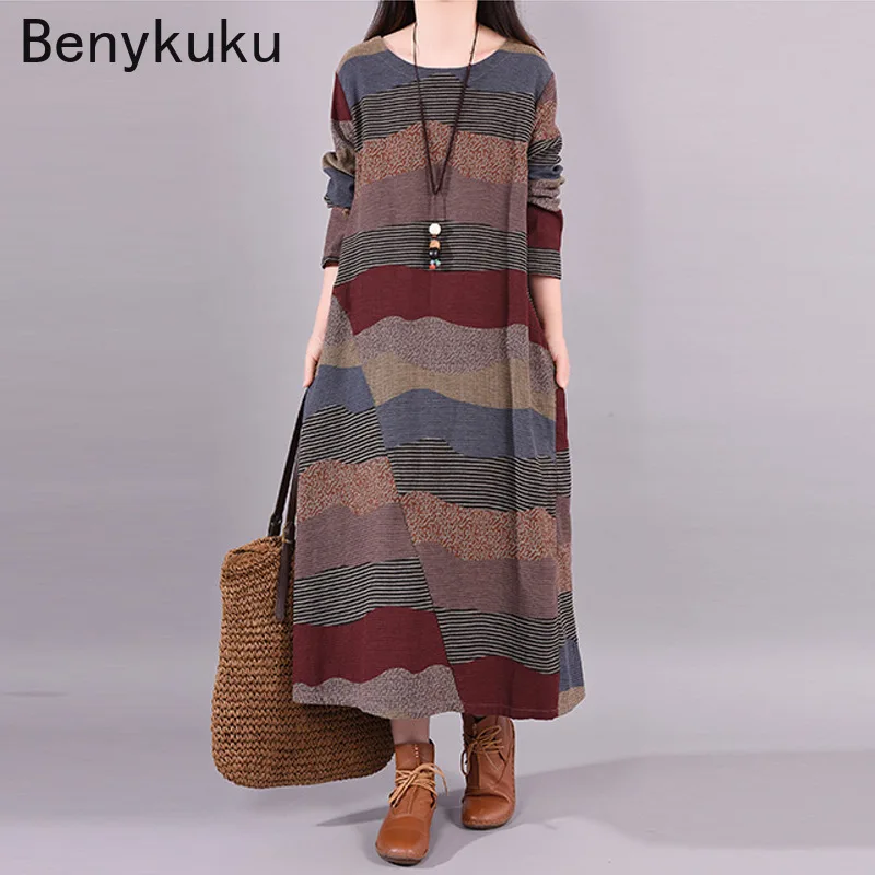 

Vintage Elegance Loose Stitching Striped Cotton Linen Round Neck Long Sleeve Casual Maxi Dresses for Women Vestidos Para Mujer