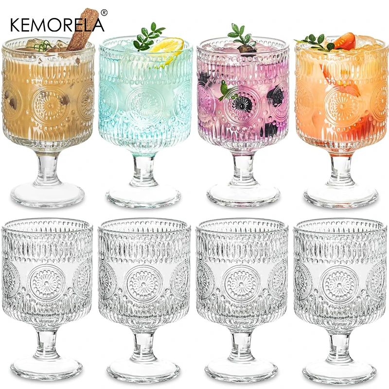 8PCS Romantic Vintage Goblet Glassware Charming Embossed Floral Cocktail Glass Set Mixed Drink Cups Bar Party Perfect Gift