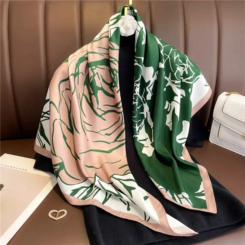 Design Luxury 90cm Twill Silk Women Scarf Sunscreen Foulard Shawl Hijab Female Hair Hijab Wraps Neckerchief Bandanda Echarpe