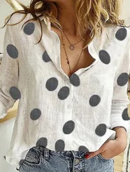 Elegante Katoenen Linnen Shirts Vrouwen Polka Dot Print Knop Revers Blouses Shirts Eenvoudige Pendelen Lange Mouwen Losse Tops Tuniek Blusas