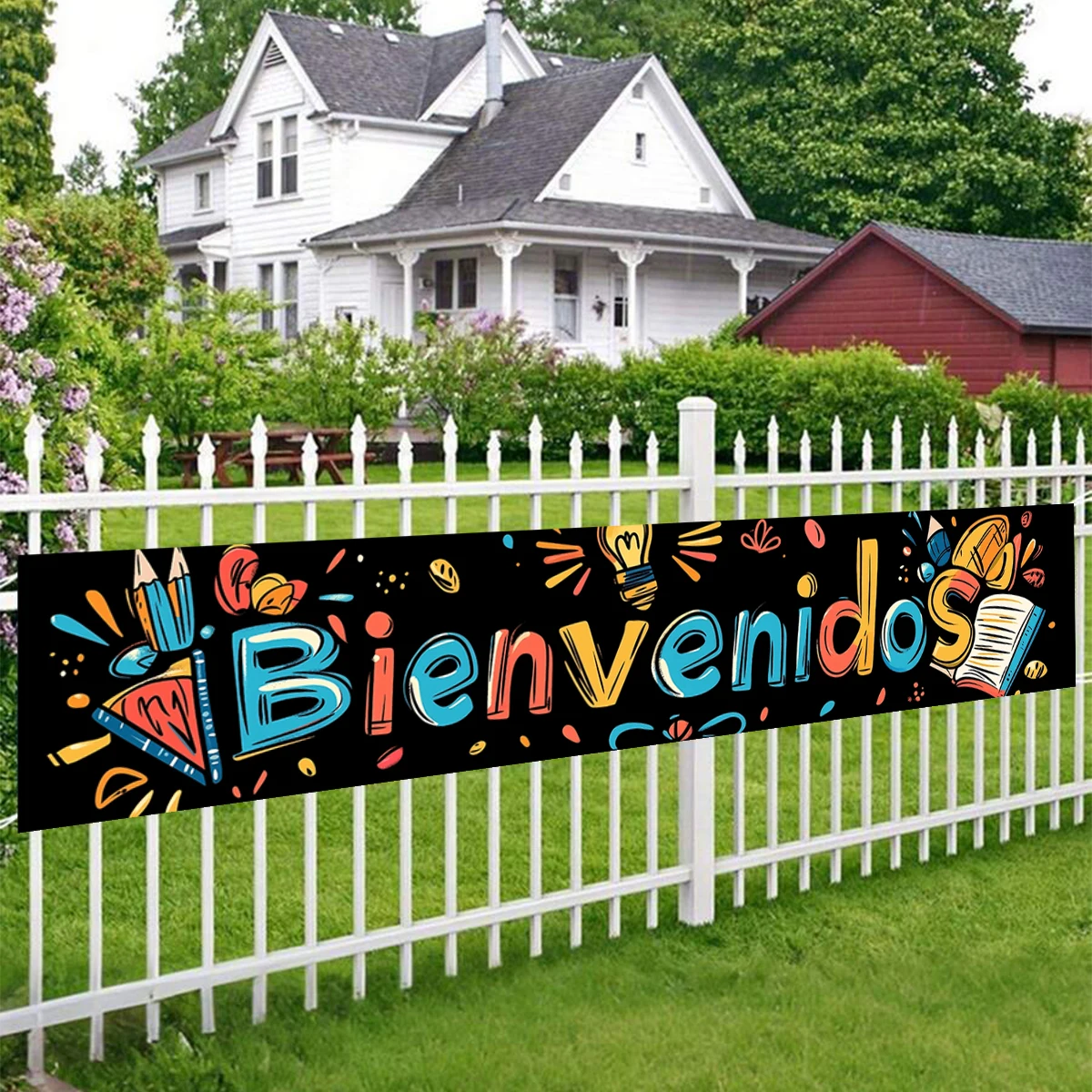 1 unidad de pancarta de bienvenida para el porche de la vuelta a la escuela, pancarta española, decoración de fiesta, fondo, decoración de puerta de aula interior/exterior, pancarta de vibraciones