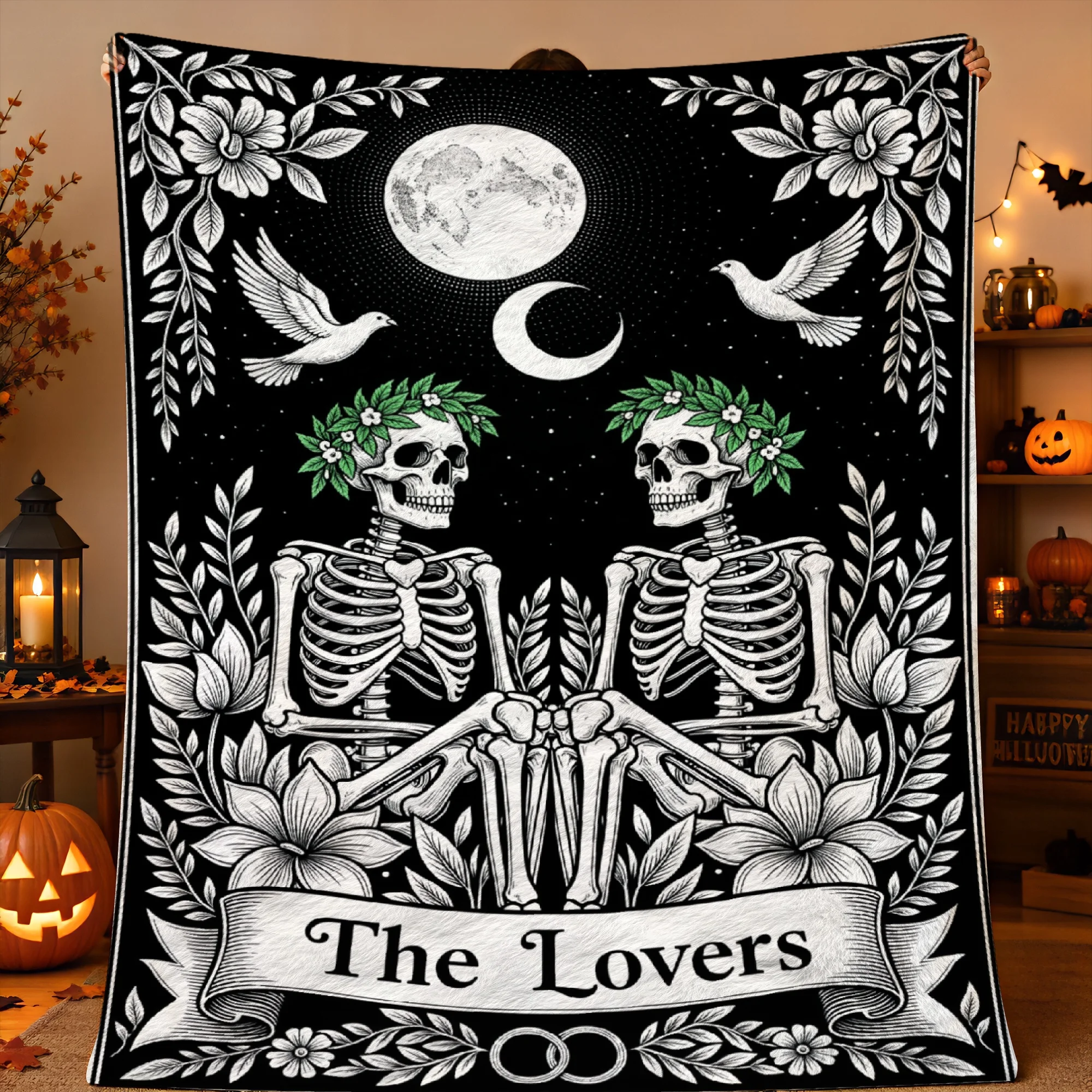 1pc 2D Printed Two Skeletons Holding Hands Under Moon with Flowers and Birds Halloween Throw Blanket, Soft Warm for Sofa, Bed, R