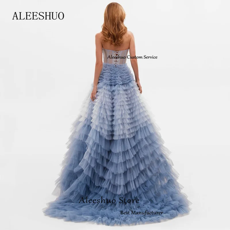 Aleeshuo Sky Blue Ball Gown Prom Dress Strapless Tulle  Backless فساتين السهرة Elegant Backless Lace Up Long Train Evening Dress