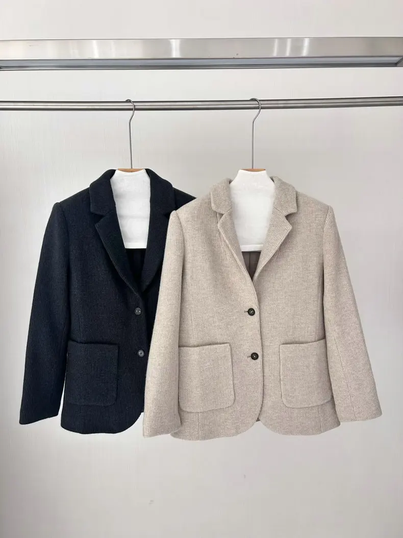 

100% Wool Knitted Blazer for Women Autumn Winter Notched Collar Long Sleeve Single Breasted Retro Suit Jacket