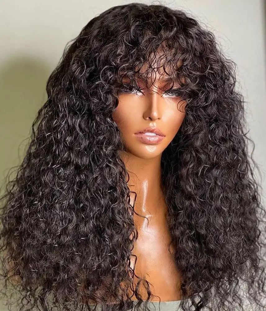 

Soft Natural Black 26 Inch Long Kinky Curly Machine Wig With Bangs For Black Women High Temperature Fiber Cosplay Glueless Daily