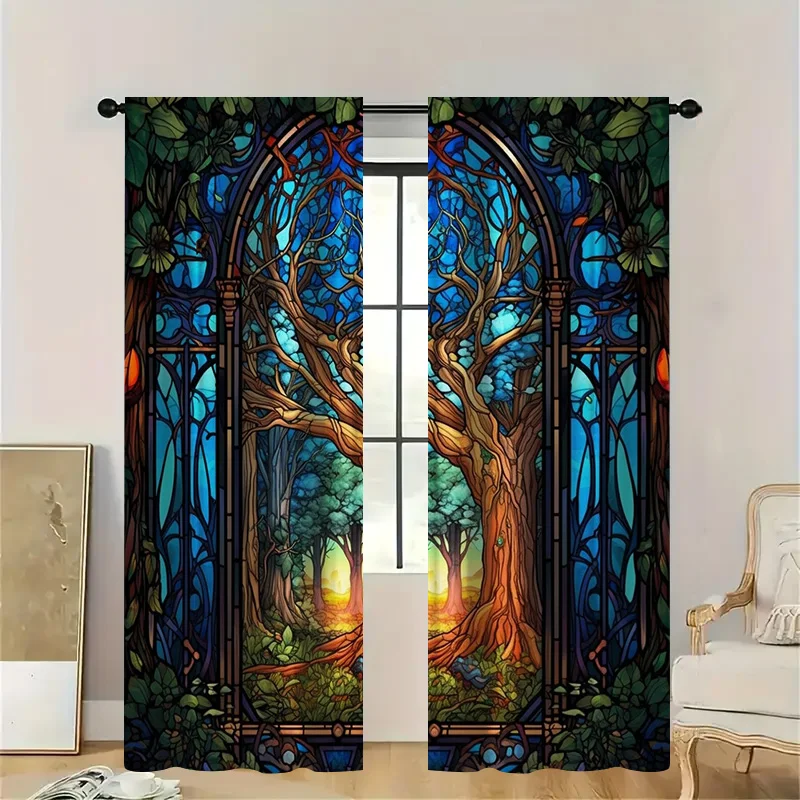 

2 шт. витражные лесные шторы с карманом для стержня, прозрачный цветной фильтр света, оконный пейзаж для гостиной