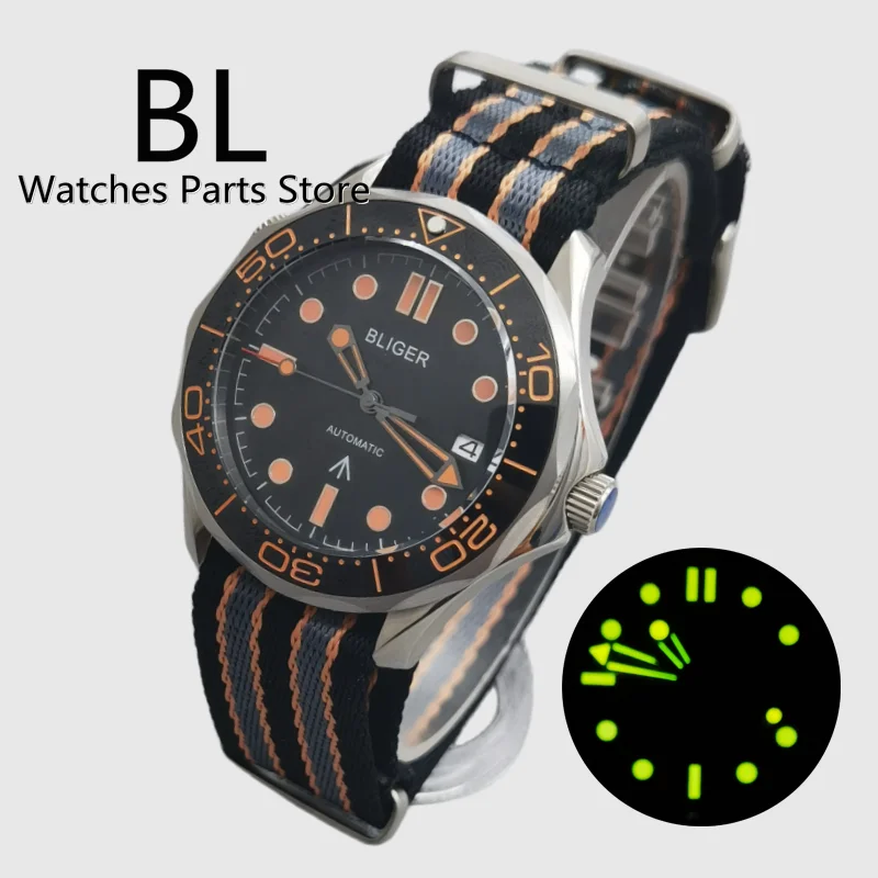 

BLIGER 41mm Automatic Watch For Men NH35 MIYOTA PT5000 Movement Rotating Bezel Sapphire Glass Black Orang Dial Nylon Band Date