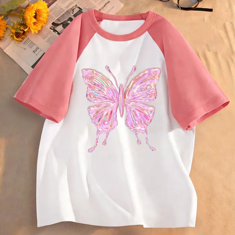 Modische rosa Schmetterlings-T-Shirts im Y2K-Stil, grafisches Kinder-T-Shirt für Jungen und Mädchen, Sommer- und Frühlings-Freizeitoberteil