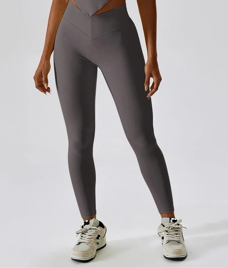 V-waist elastic sports leggings, women's peach hip lifting running, quick drying yoga pocket pants