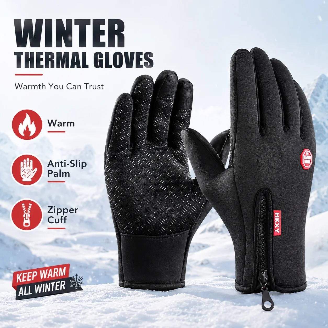 Winter Thermal Gloves Men Women Warm Anti Slip Palm Cycling Driving Outdoor Gloves Zipper Cuff Windproof Cold Weather Gloves Set