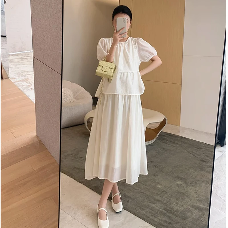 フリル襟妊婦シフォンドレス夏甘いパフスリーブ-v-ネックマタニティプリーツドレス妊娠休日服