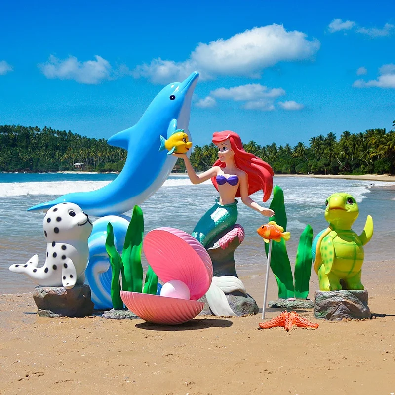 Outdoor environmental protection beach simulation decoration creative glass fiber resin mermaid sculpture with kelp starfish