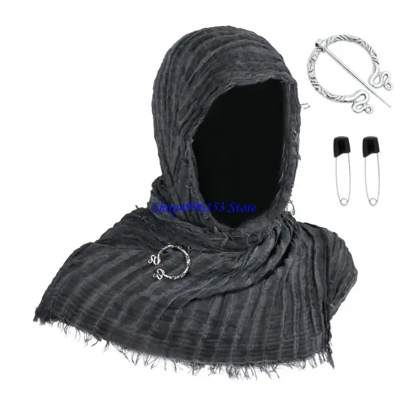 

Q0KE Post Apocalyptic Shawl Scarf Shaman Cowl Medieval Costume Sash Hooded Shawl with Vikinges Brooch for Halloween Cosplay