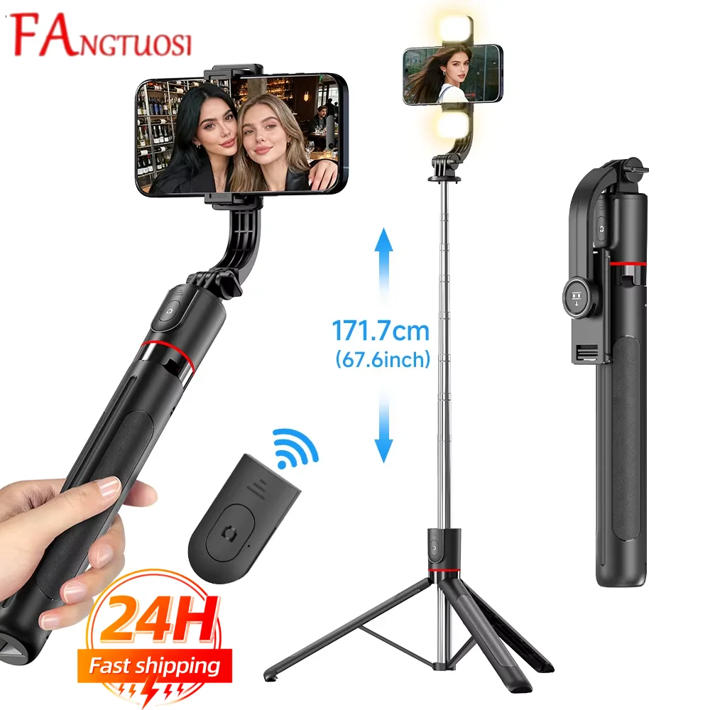 FANGTUOSI Statyw do selfie z pilotem Bluetooth, 6-sekcyjny wysuwany kijek, obrót 360 stopni °   Obrót, Opcja oświetlenia, do vlogów na telefon.